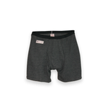The image shows the front view of the Seraphina Safety Apparel Men's Boxer Brief that is grey in color and shows the attached SFI 3.3 Underclothing certification label.