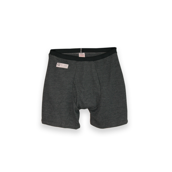 The image shows the front view of the Seraphina Safety Apparel Men's Boxer Brief that is grey in color and shows the attached SFI 3.3 Underclothing certification label. 