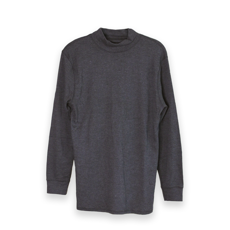 Men's long sleeve flame-resistant shirt that has a high neck line. The shirt is dark grey in color with color matched thread. 