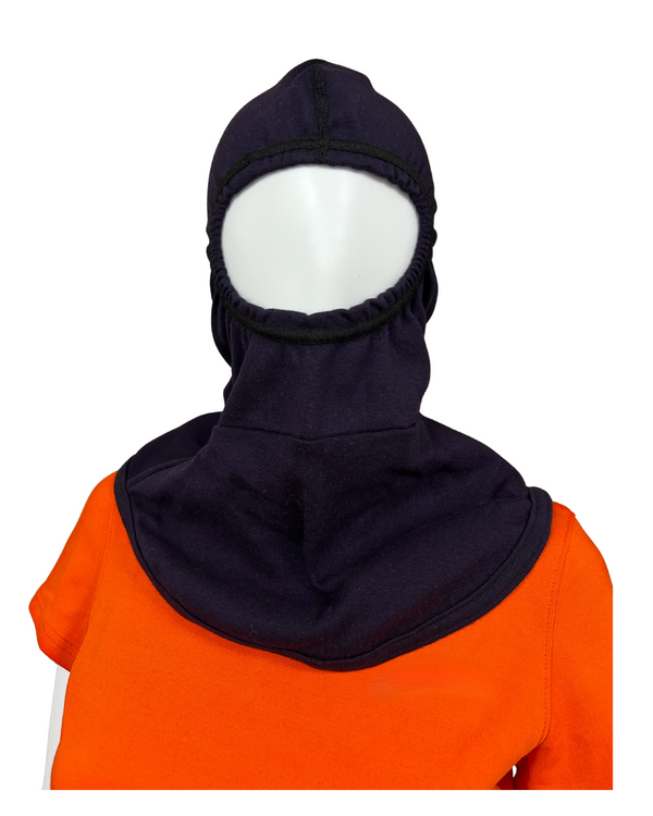 Picture shows a Seraphina double layer balaclava hood made from CarbonX NSM ribbed knit fabric with full elastic around the eye opening. 