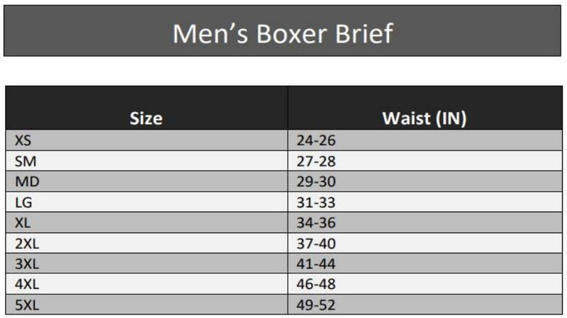 This is a picture of the size chart for the FR Essential Active Flame-Resistant Boxer Brief by Seraphina Safety Apparel. 
