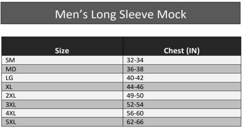 Size Chart for men's long sleeve flame-resistant shirt